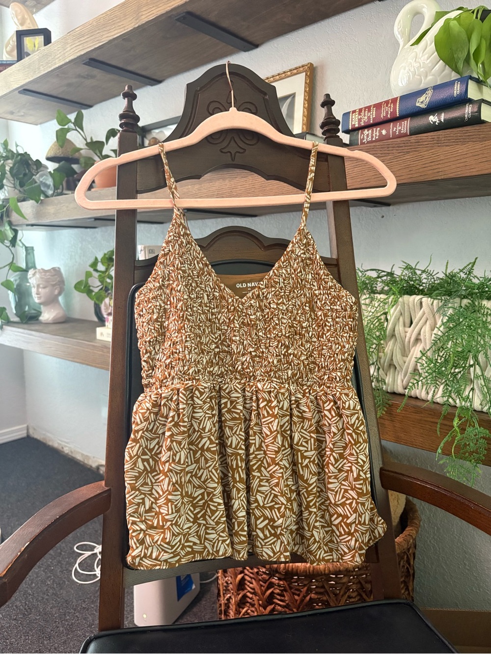 Old Navy Brown & Cream Smocked Peplum Cami